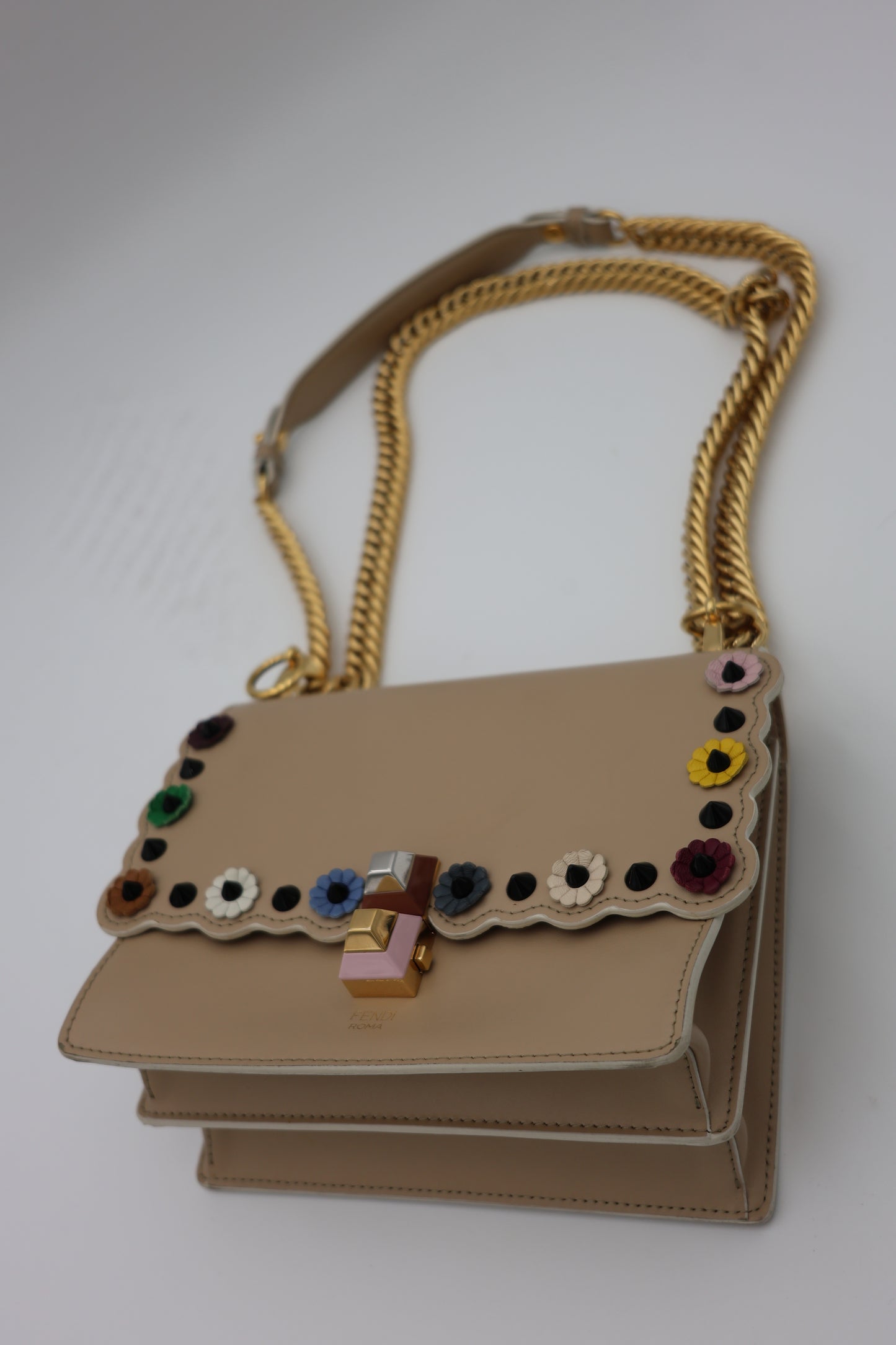 Fendi Scalloped Leather Mini Kan I Floral Studded Chain Shoulder Bag Beige