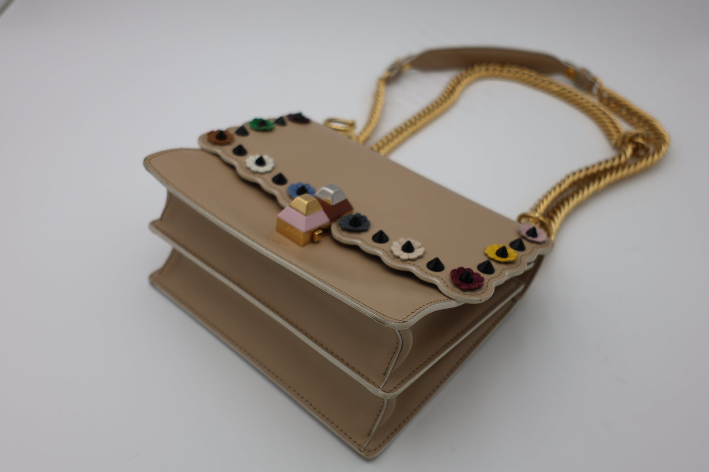 Fendi Scalloped Leather Mini Kan I Floral Studded Chain Shoulder Bag Beige