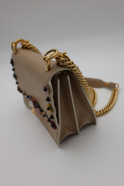 Fendi Scalloped Leather Mini Kan I Floral Studded Chain Shoulder Bag Beige