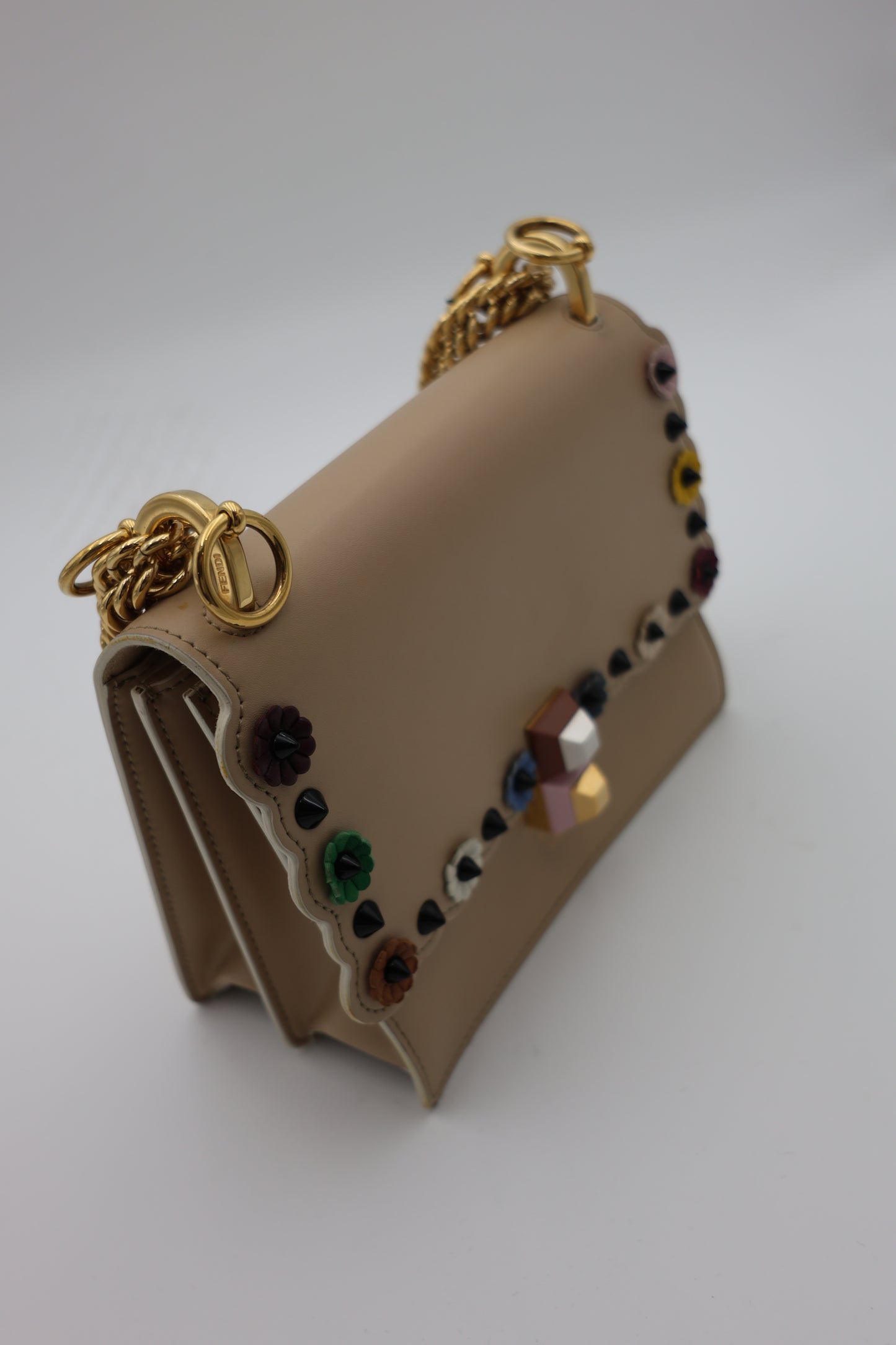 Fendi Scalloped Leather Mini Kan I Floral Studded Chain Shoulder Bag Beige
