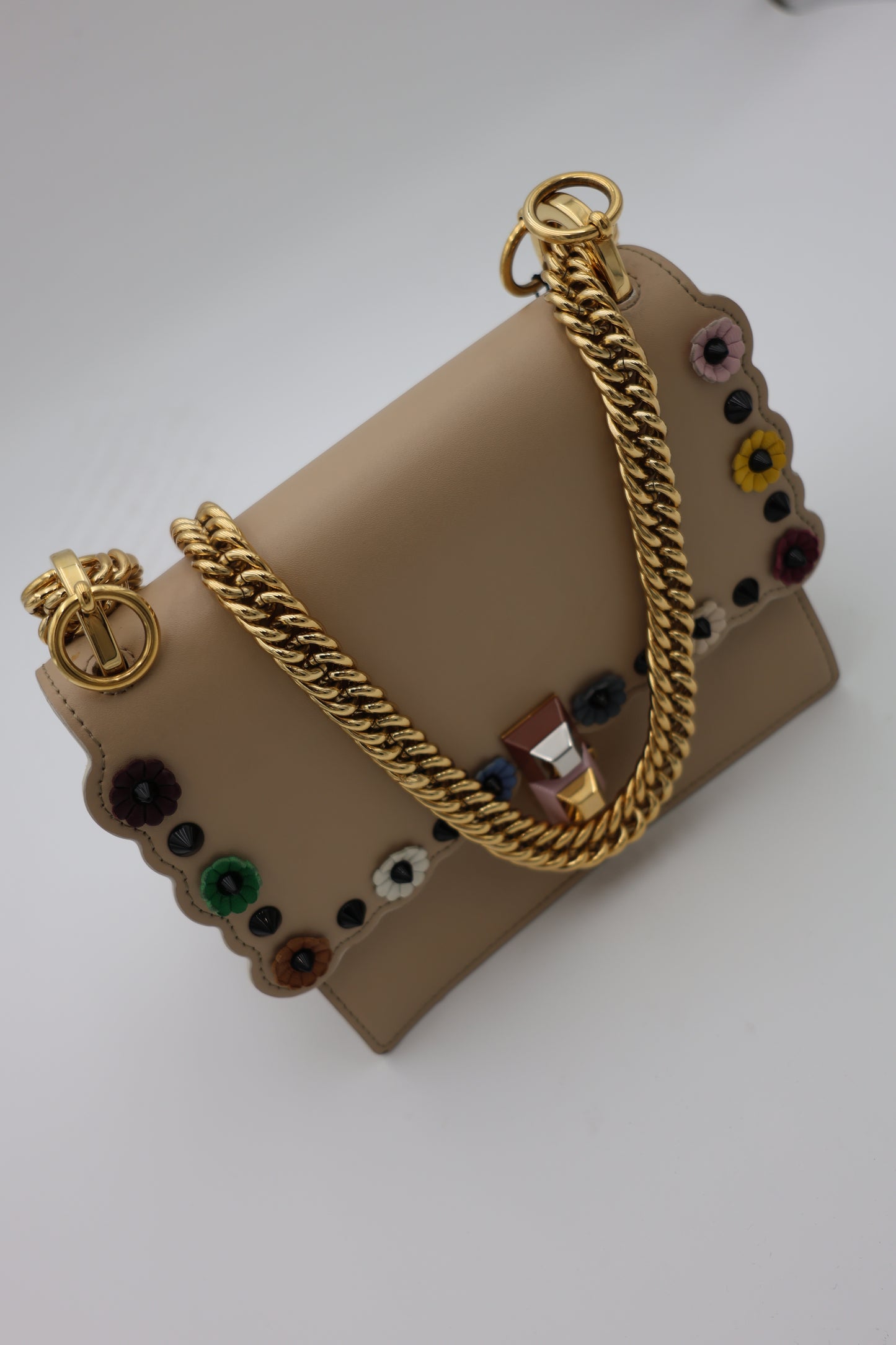 Fendi Scalloped Leather Mini Kan I Floral Studded Chain Shoulder Bag Beige