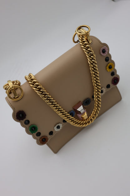 Fendi Scalloped Leather Mini Kan I Floral Studded Chain Shoulder Bag Beige
