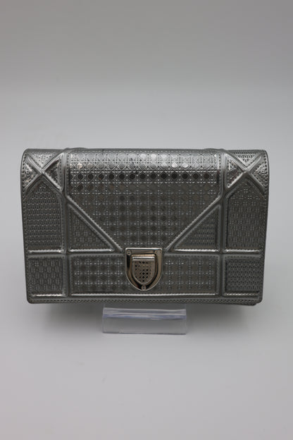 Christian Dior Metallic Micro-Cannage Diorama Wallet on Chain Silver