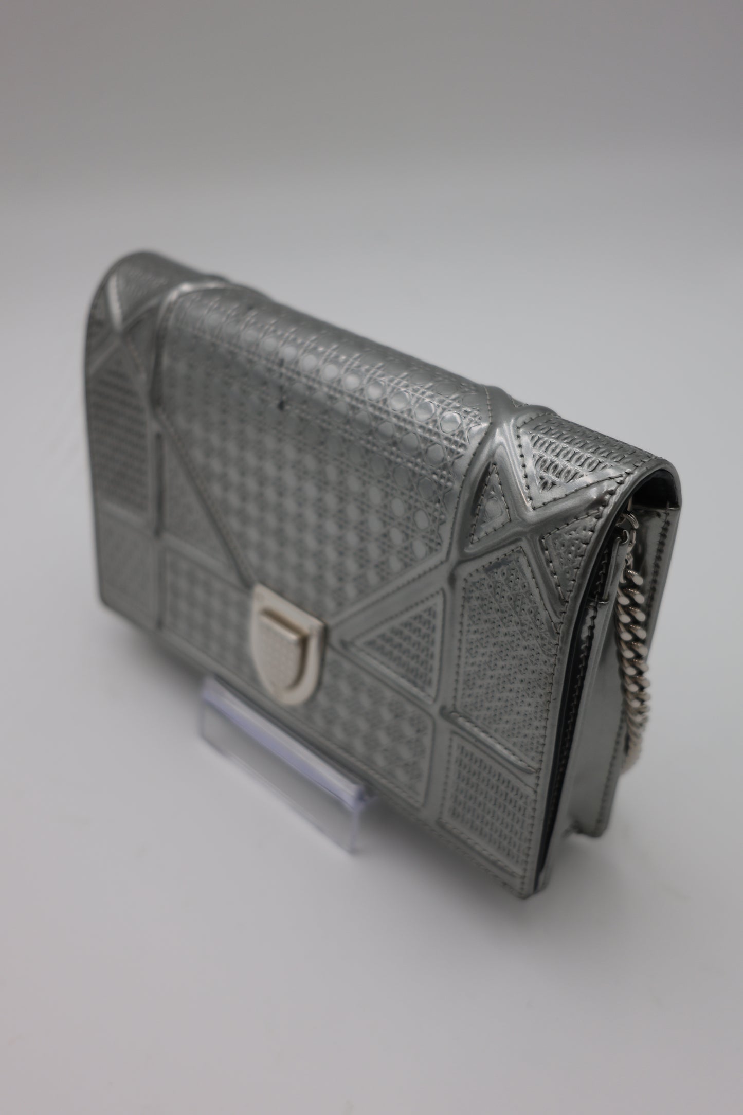 Christian Dior Metallic Micro-Cannage Diorama Wallet on Chain Silver