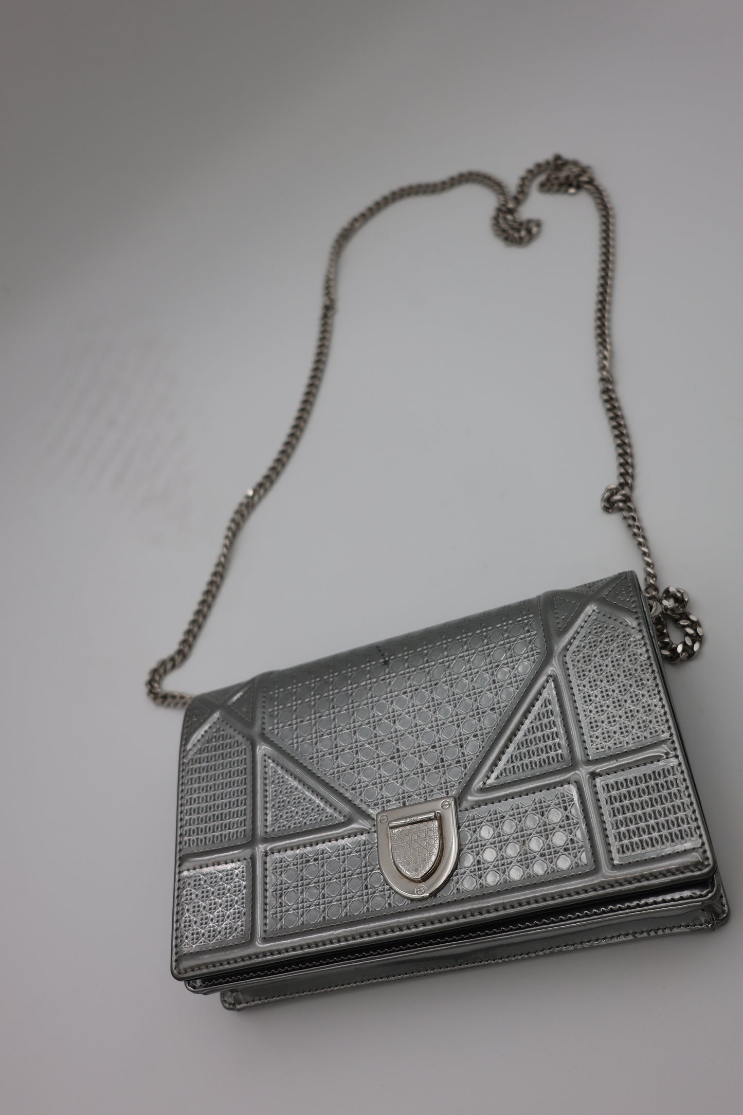 Christian Dior Metallic Micro-Cannage Diorama Wallet on Chain Silver