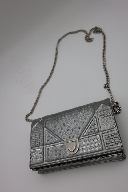 Christian Dior Metallic Micro-Cannage Diorama Wallet on Chain Silver
