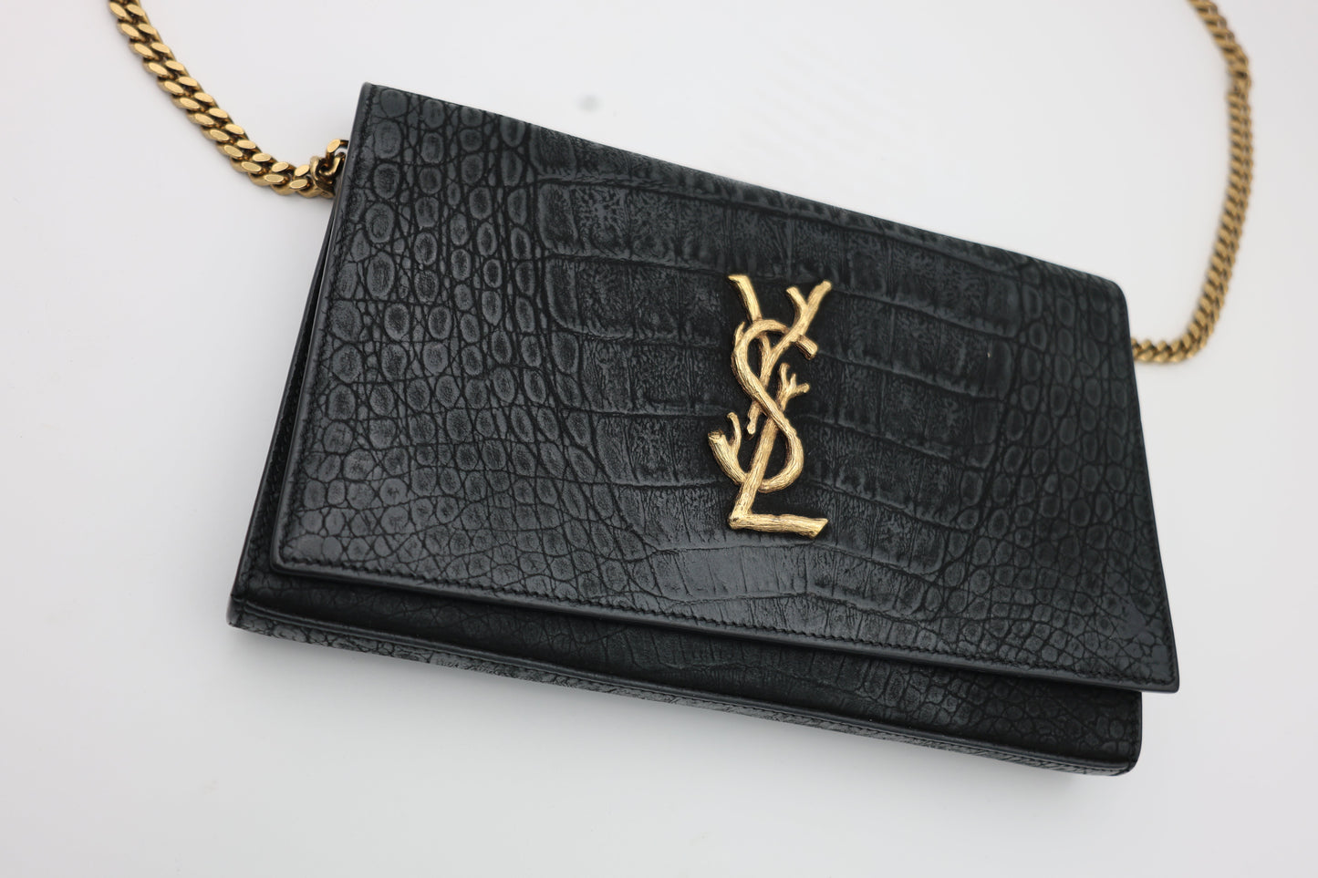 Saint Laurent Kate Medium Croc-Embossed Calfskin Black