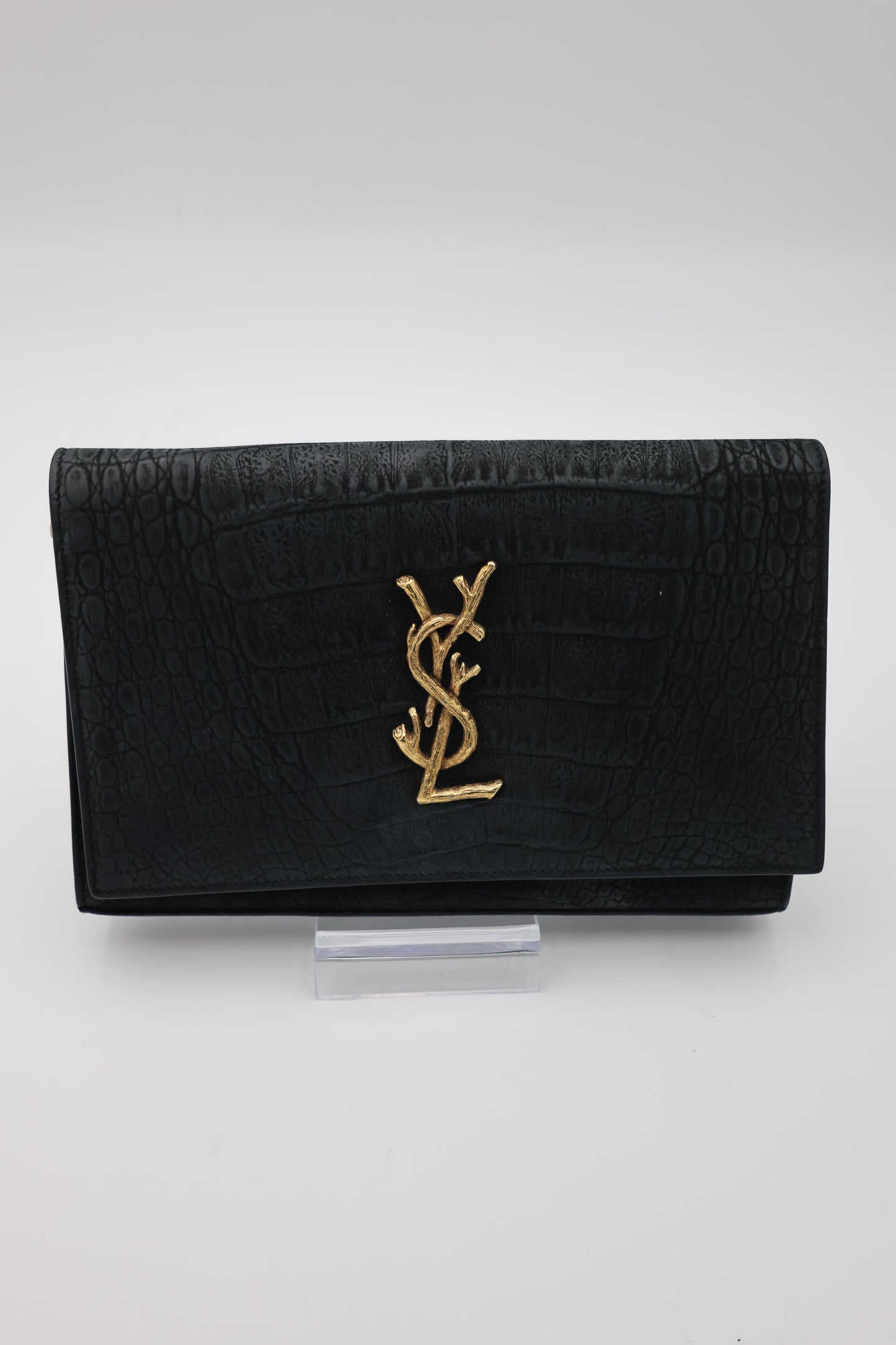 Saint Laurent Kate Medium Croc-Embossed Calfskin Black