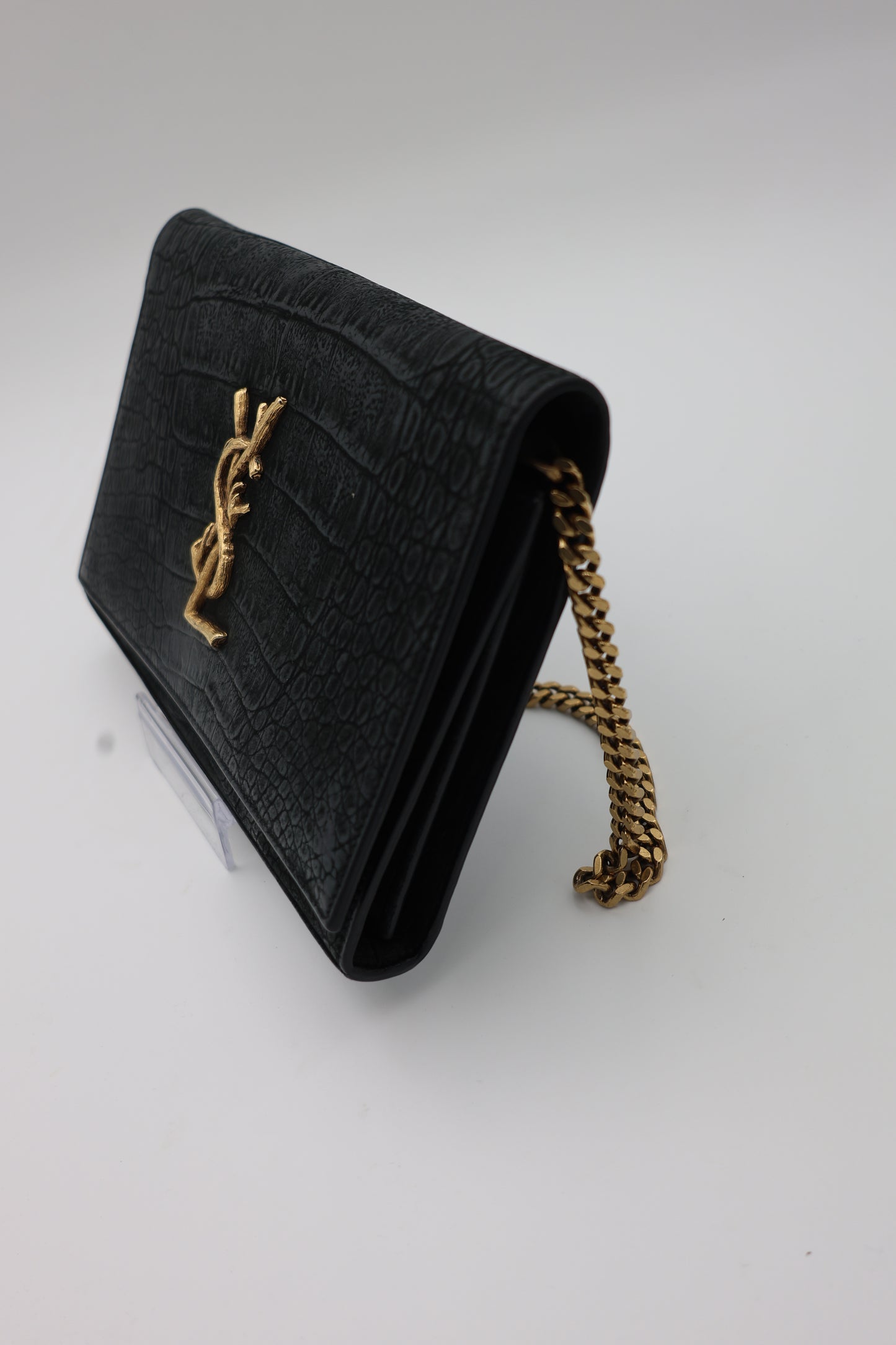 Saint Laurent Kate Medium Croc-Embossed Calfskin Black