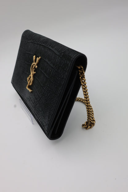 Saint Laurent Kate Medium Croc-Embossed Calfskin Black