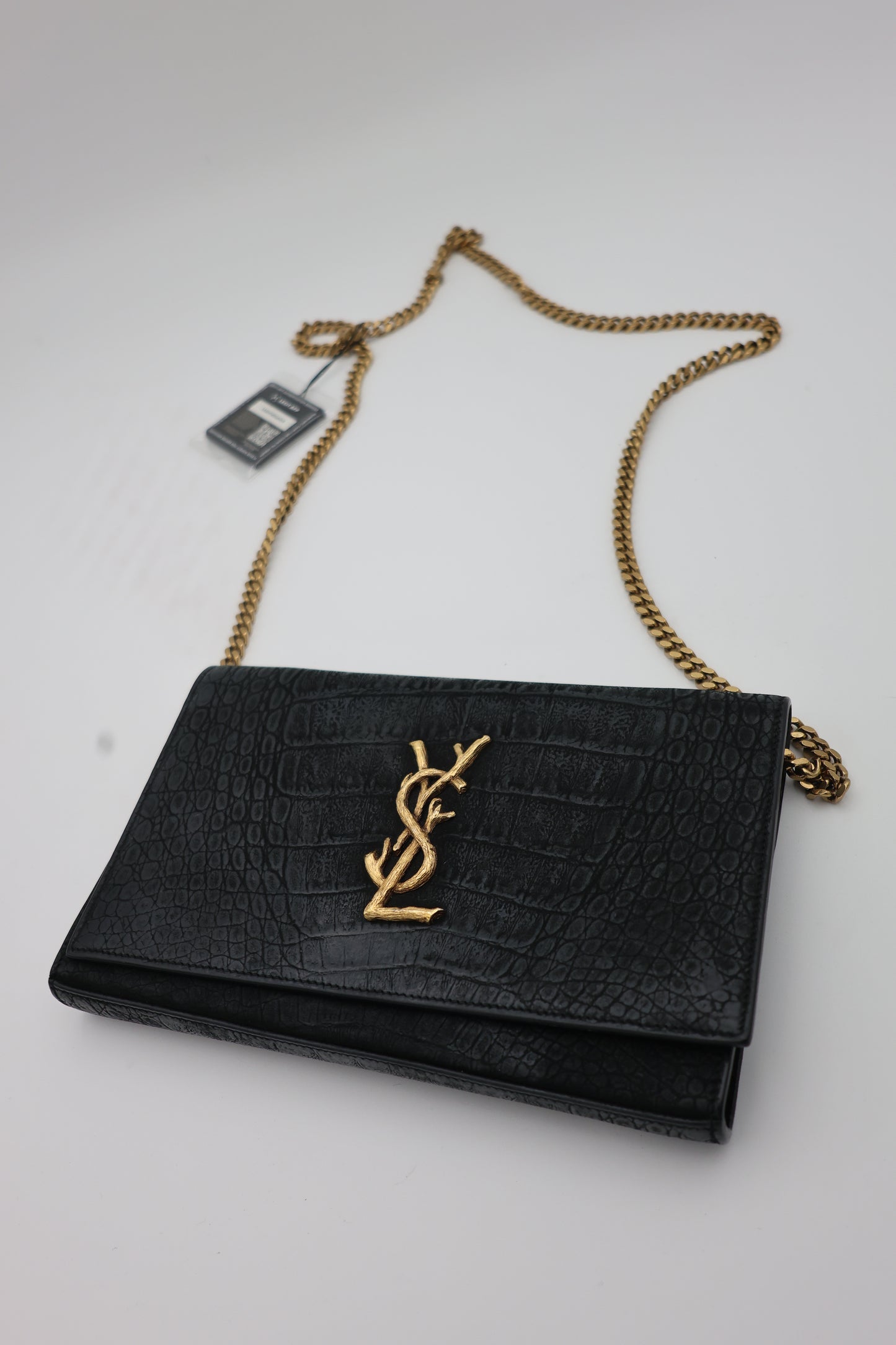 Saint Laurent Kate Medium Croc-Embossed Calfskin Black