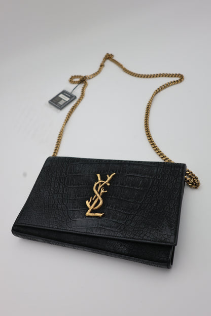 Saint Laurent Kate Medium Croc-Embossed Calfskin Black