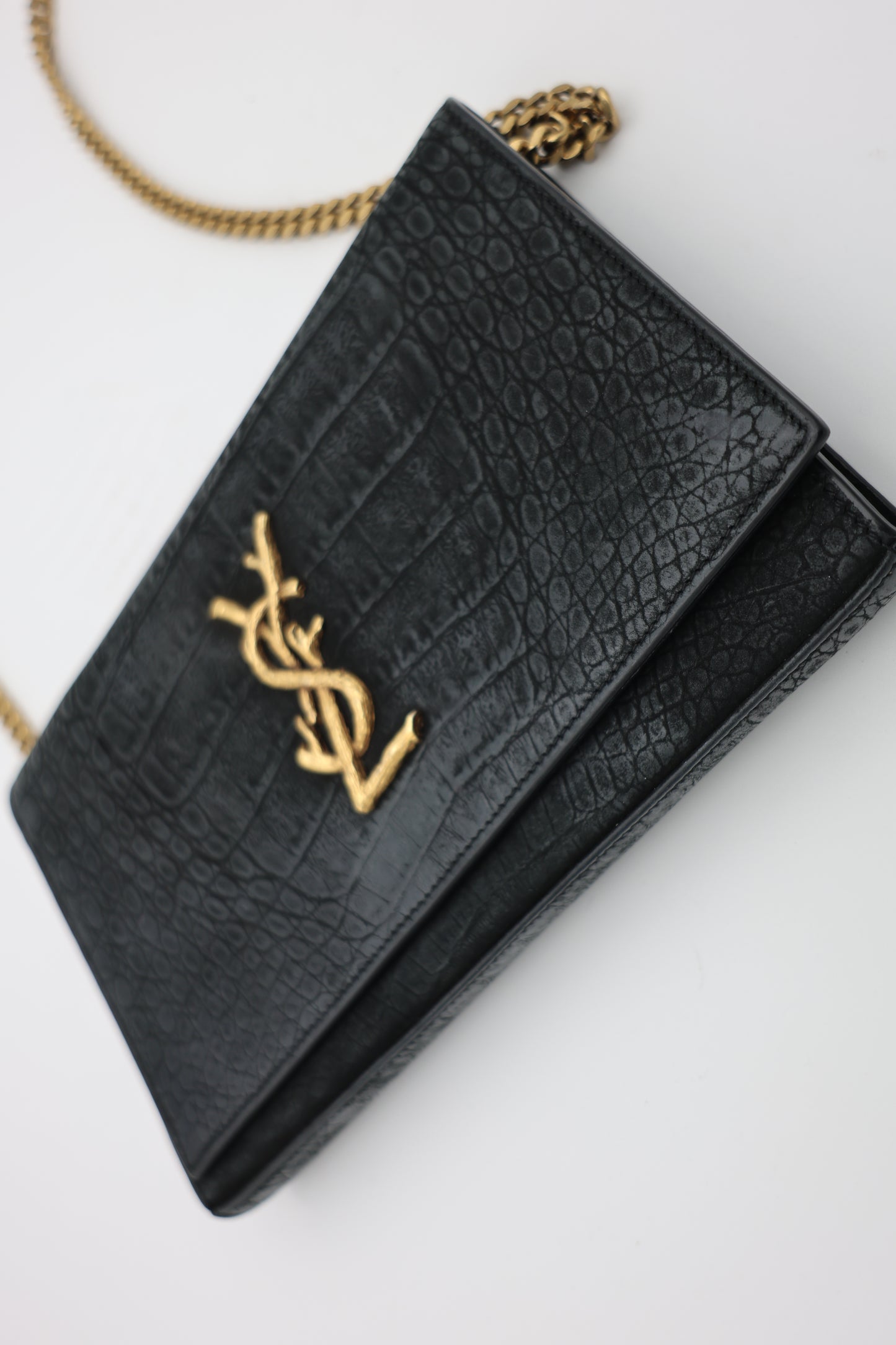 Saint Laurent Kate Medium Croc-Embossed Calfskin Black