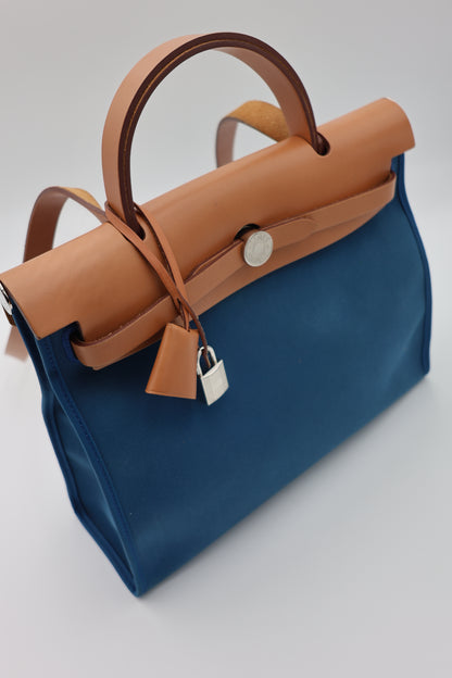 Hermès Herbag Zip 31 Bleu France Toile Militaire & Vache Hunter Leather