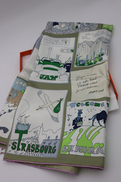 Hermès On Est Bien Ici ! Scarf 90 Kaki / Blanc / Bleu Glacier