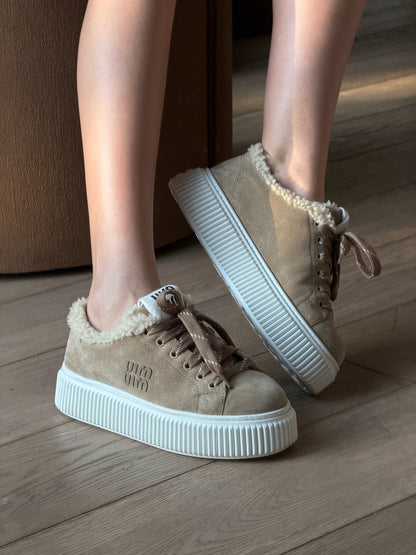 Miu Miu Suede and Shearling Platform Sneakers in Desert Beige