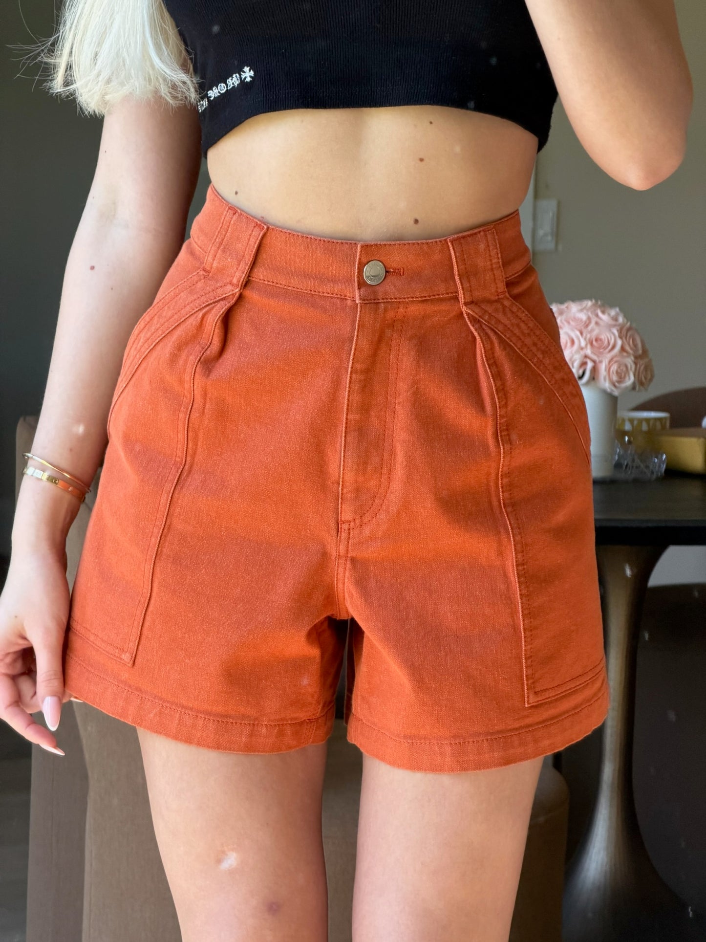 HERMES Stretch Denim Shorts in Orange