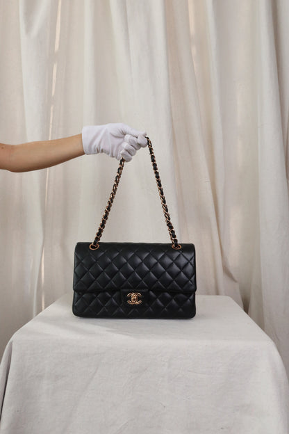 Chanel 21B Black Lambskin Quilted Classic Flap Medium Rose Gold Hardware