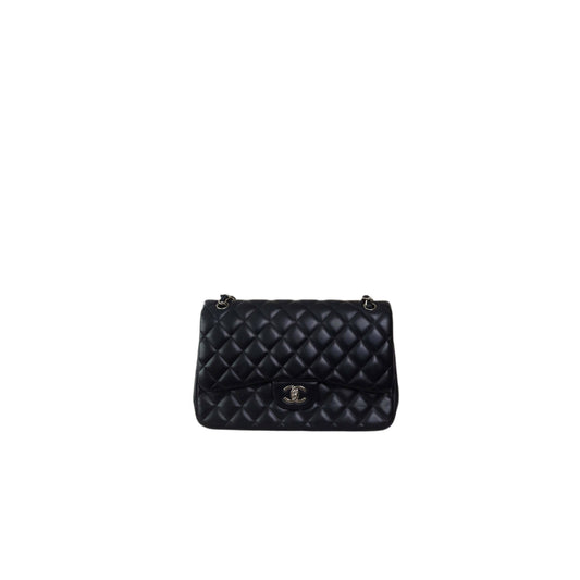 CHANEL Lambskin Quilted Jumbo Double Flap Bag in Navy Blue