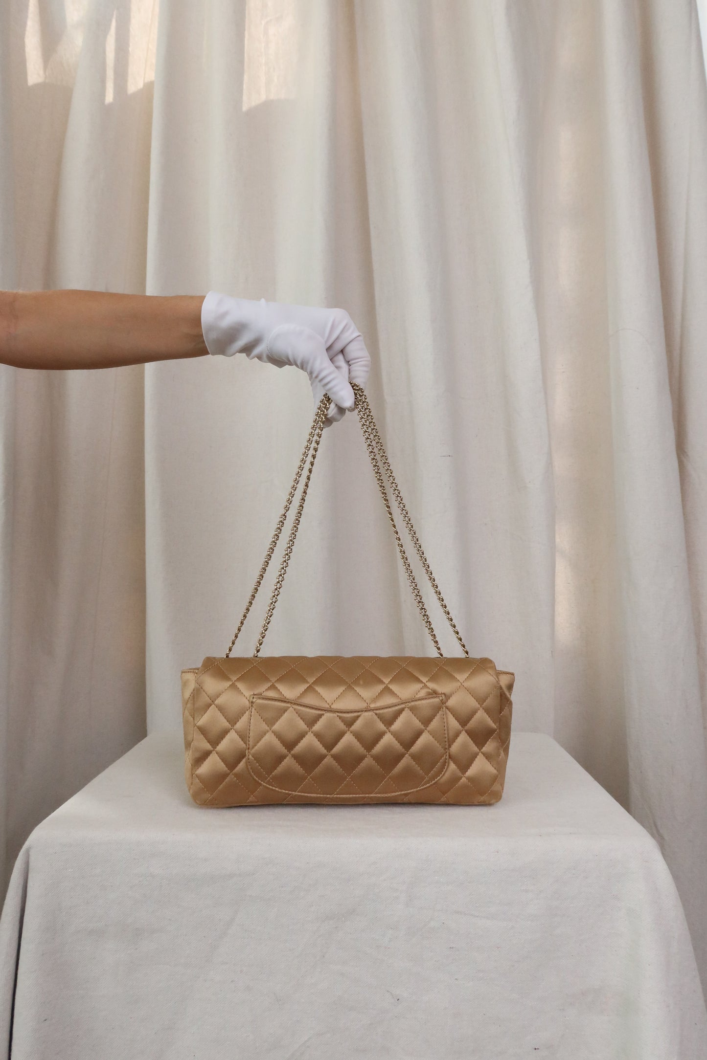 CHANEL Limited Edition Gold Quilted Satin East West Single Flap Bag