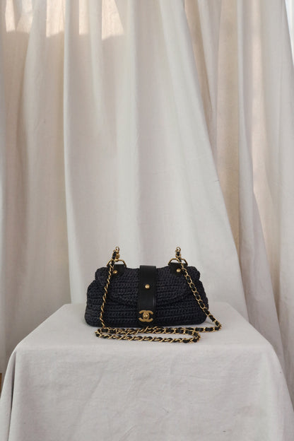 CHANEL Black Straw Chain Shoulder Bag