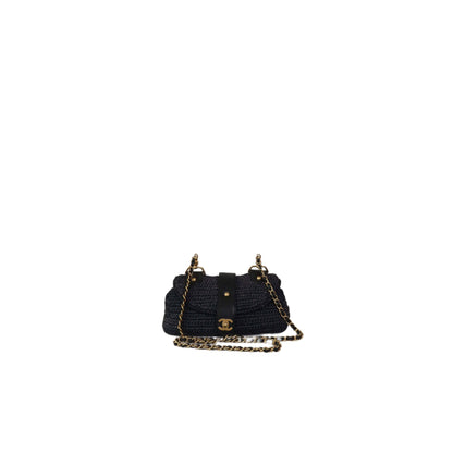 CHANEL Black Straw Chain Shoulder Bag