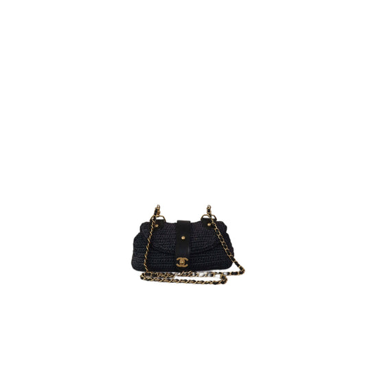 CHANEL Black Straw Chain Shoulder Bag
