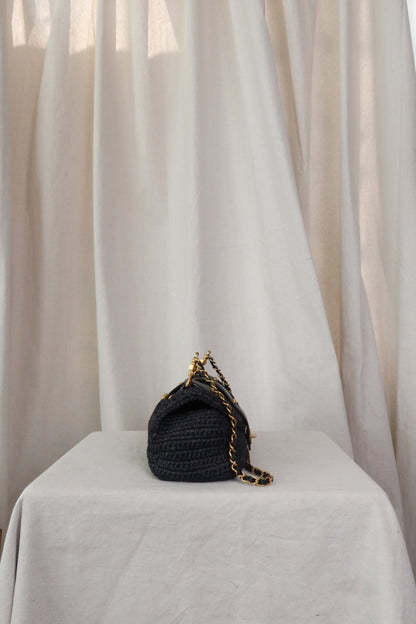 CHANEL Black Straw Chain Shoulder Bag