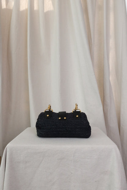 CHANEL Black Straw Chain Shoulder Bag