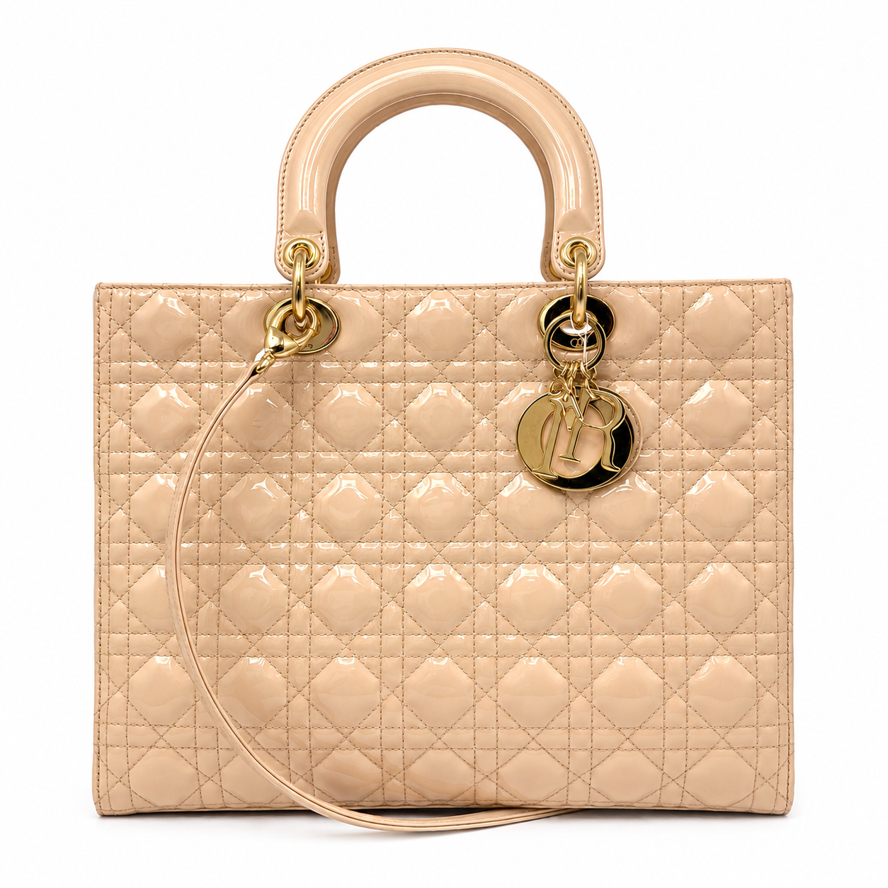 Christian Dior Patent Cannage Large Lady Dior Bag Beige GHW