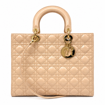 Christian Dior Patent Cannage Large Lady Dior Bag Beige GHW
