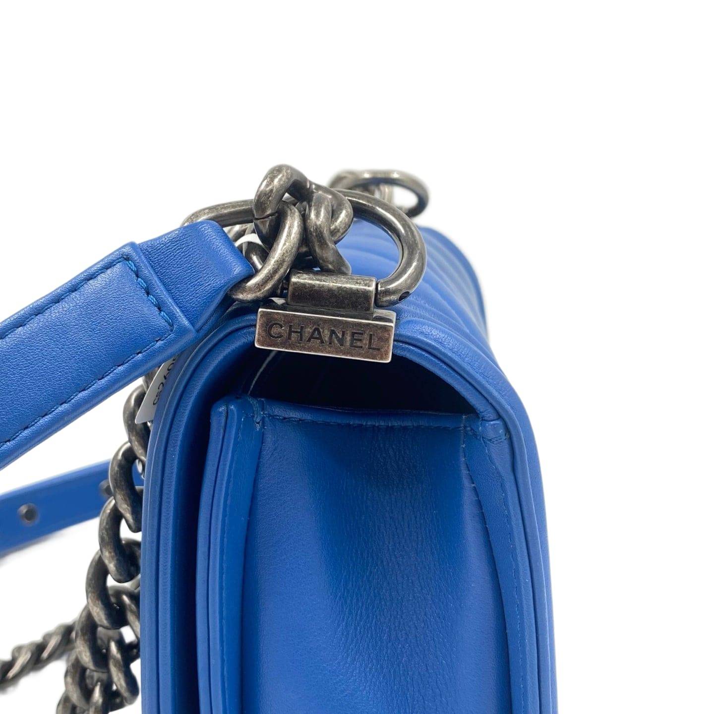 Chanel Calfskin Small Chevron Boy Flap Bag Blue RHW