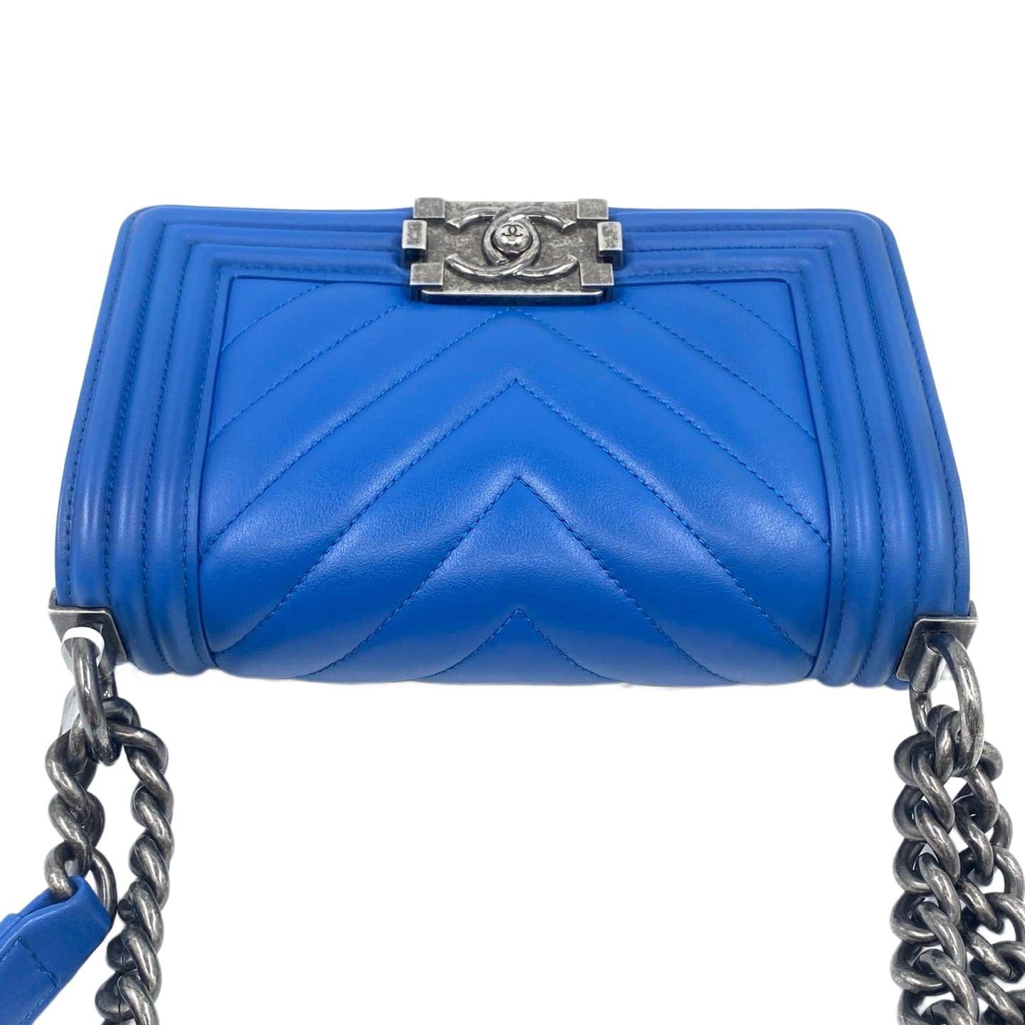 Chanel Calfskin Small Chevron Boy Flap Bag Blue RHW