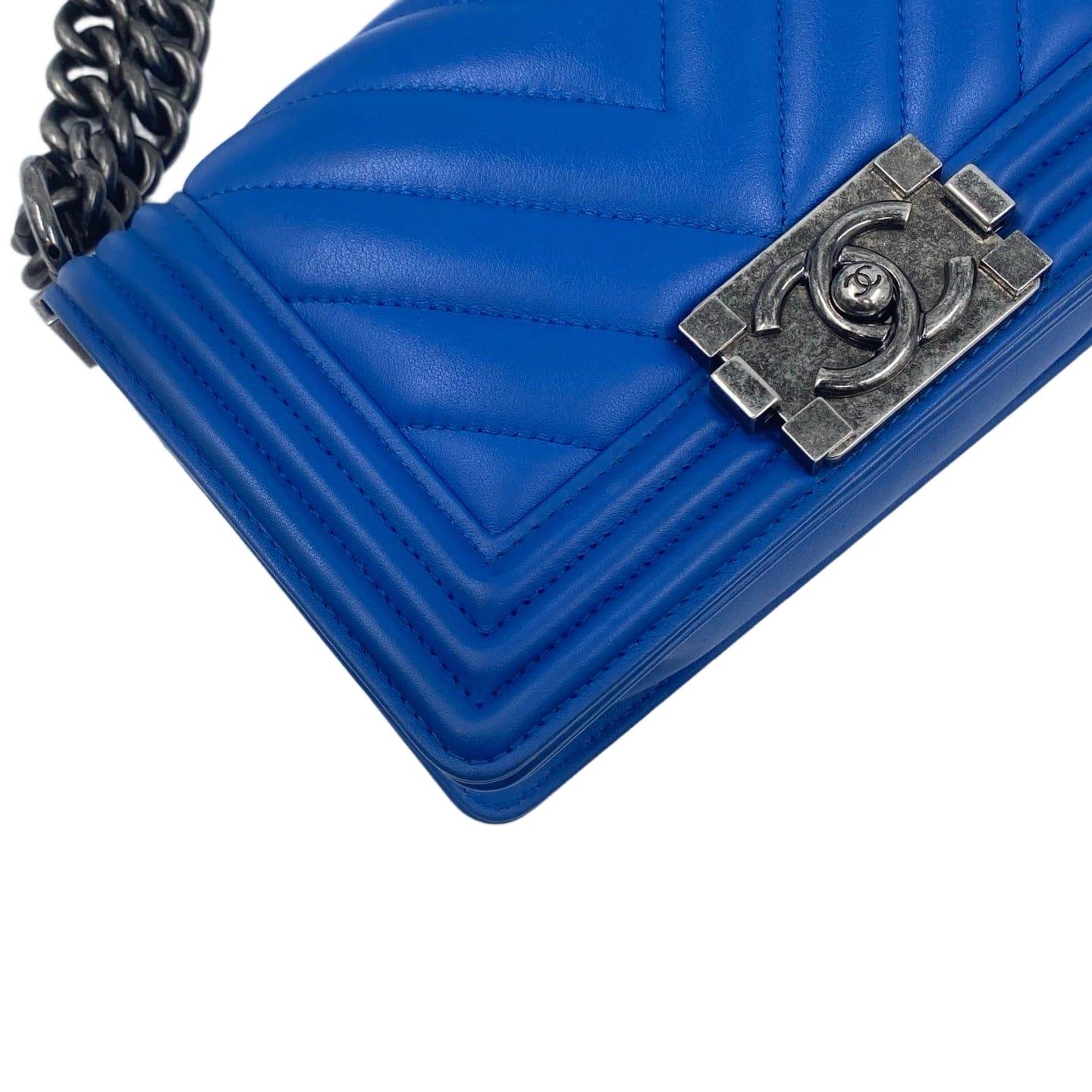 Chanel Calfskin Small Chevron Boy Flap Bag Blue RHW