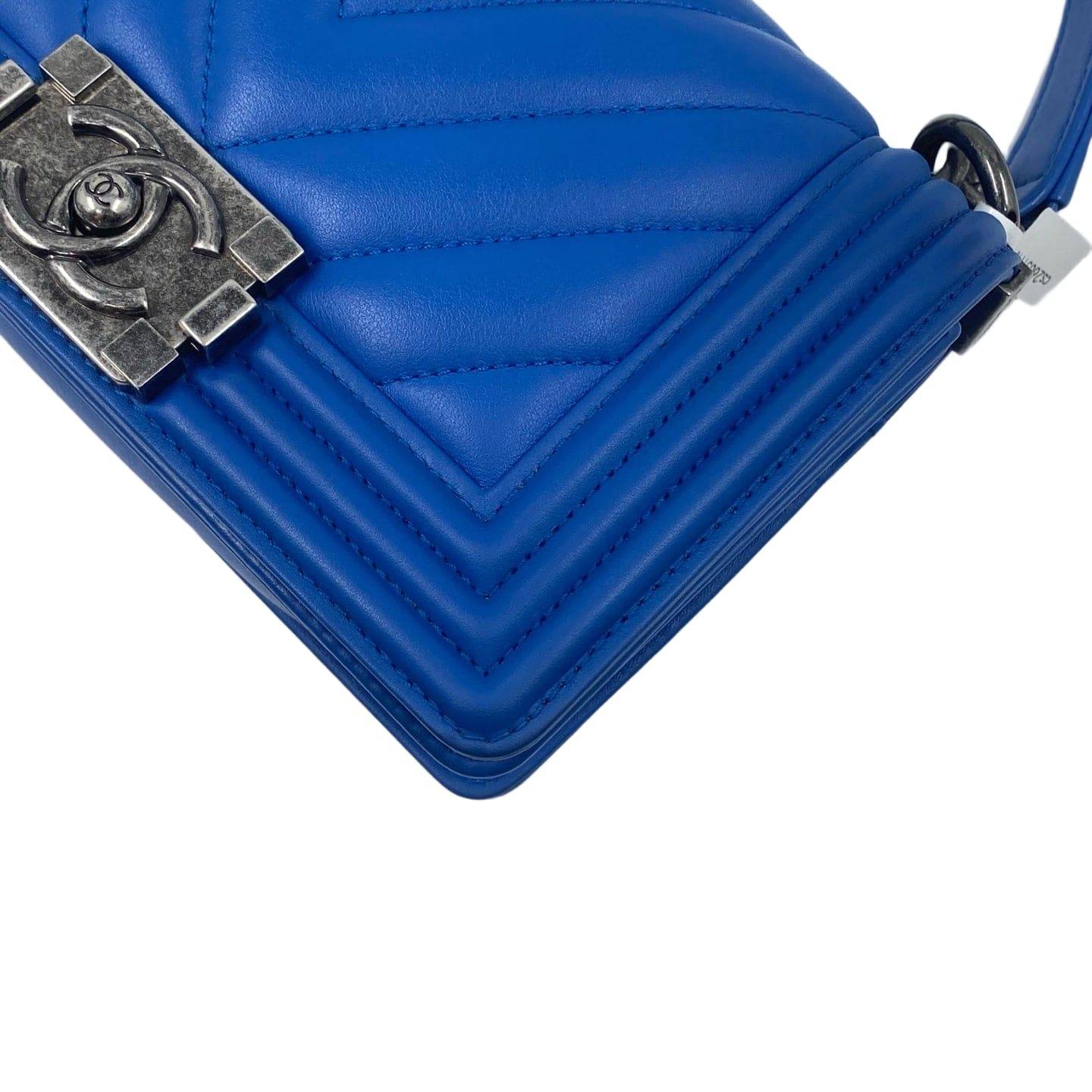 Chanel Calfskin Small Chevron Boy Flap Bag Blue RHW