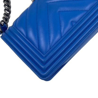 Chanel Calfskin Small Chevron Boy Flap Bag Blue RHW