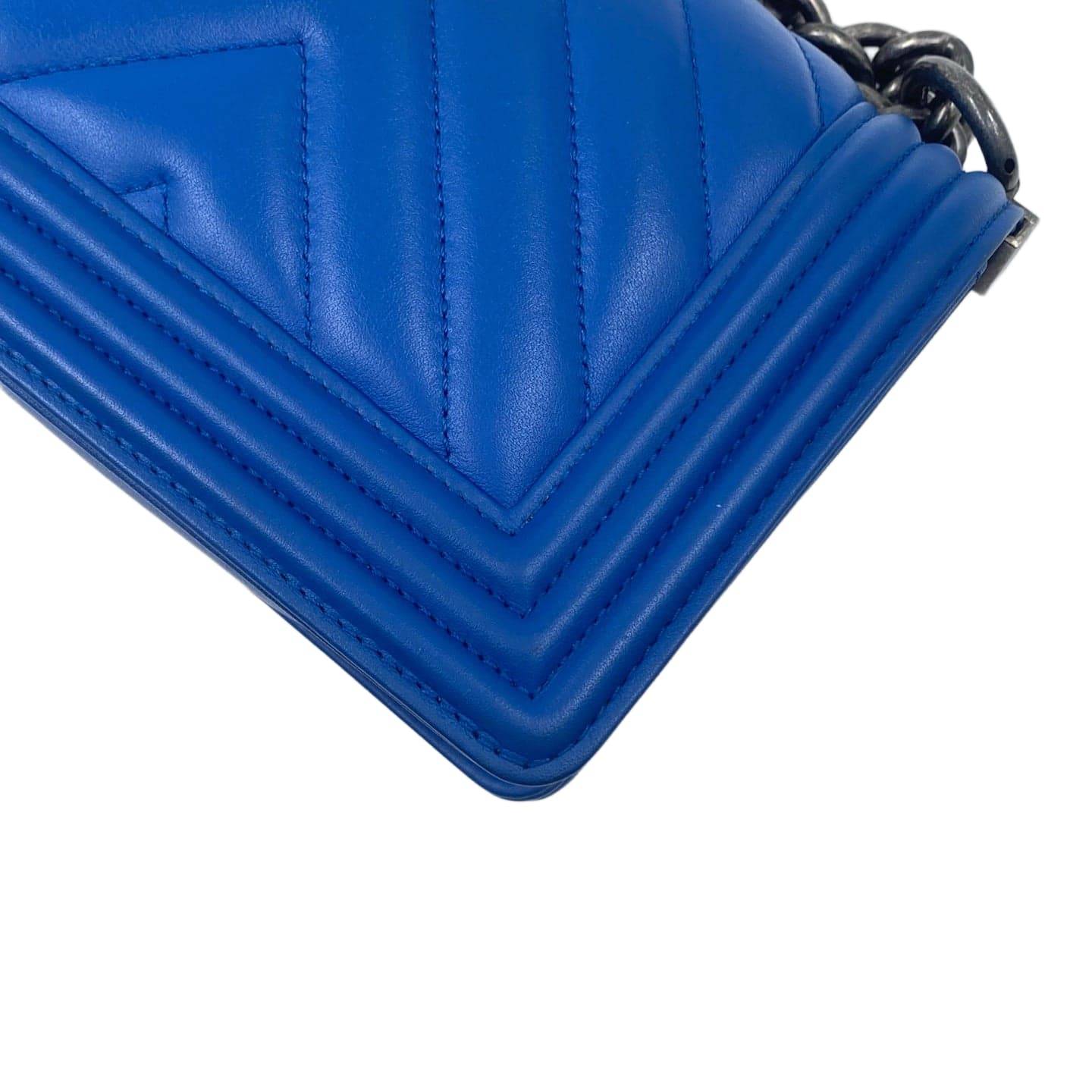 Chanel Calfskin Small Chevron Boy Flap Bag Blue RHW