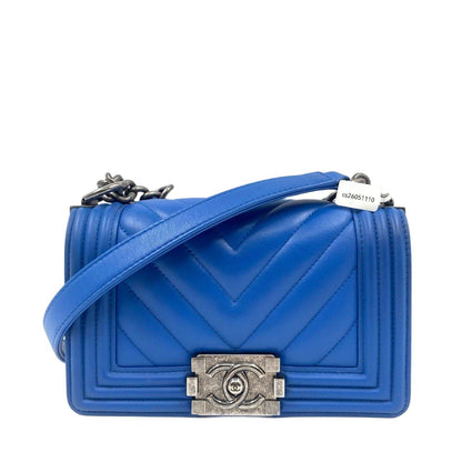 Chanel Calfskin Small Chevron Boy Flap Bag Blue RHW