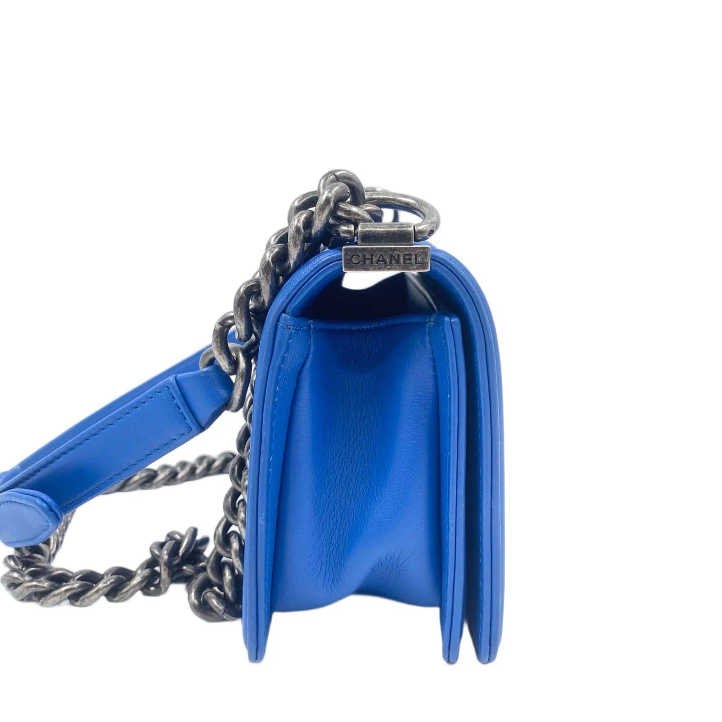 Chanel Calfskin Small Chevron Boy Flap Bag Blue RHW