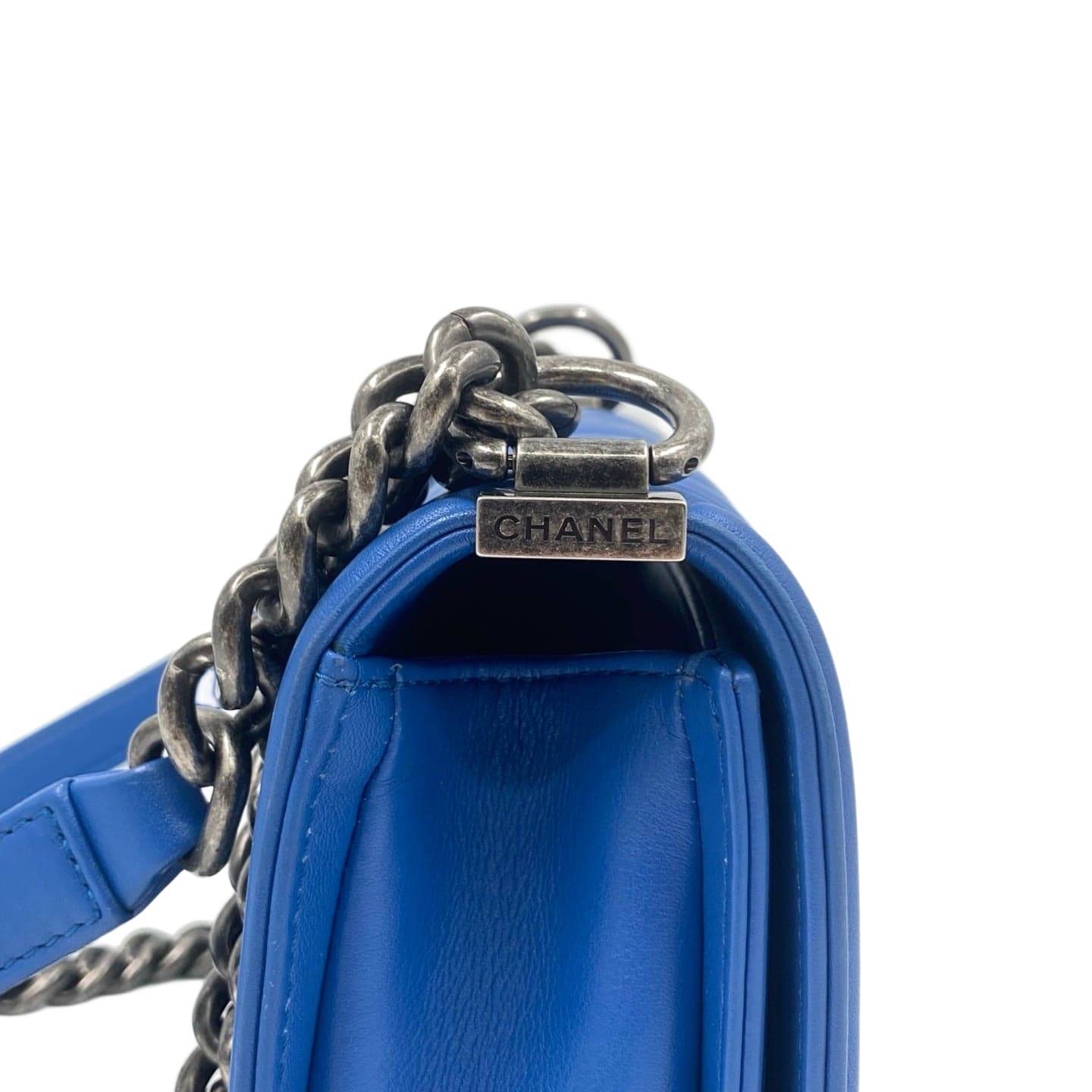 Chanel Calfskin Small Chevron Boy Flap Bag Blue RHW
