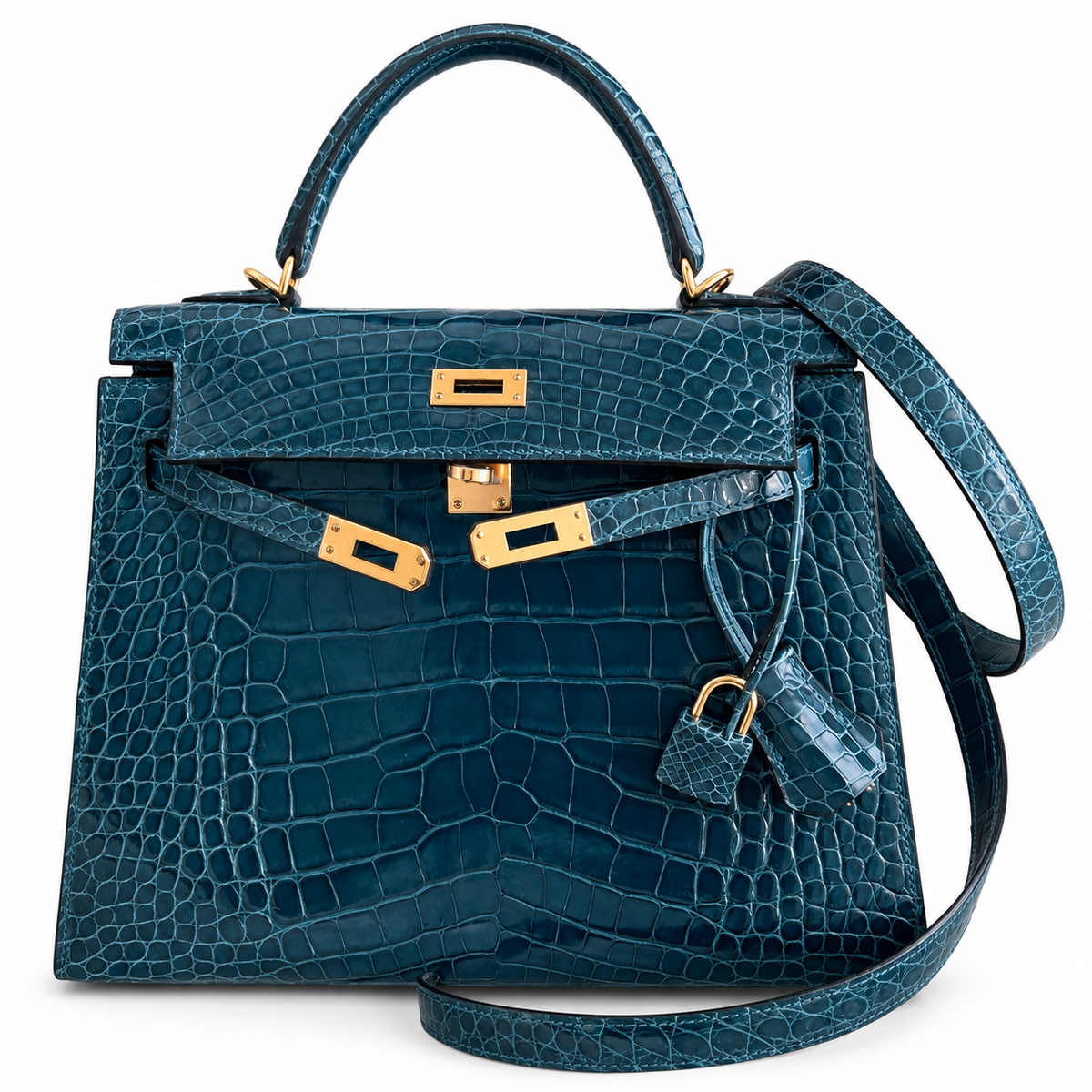 Hermès Kelly 25 Bleu de Malte Shiny Porosus Crocodile