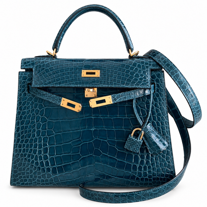 Hermès Kelly 25 Bleu de Malte Shiny Porosus Crocodile