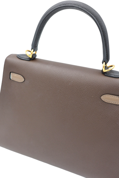 Hermes Kelly 25 Tricolor Sellier in Ecorce, Etoupe and Noir Epsom GHW