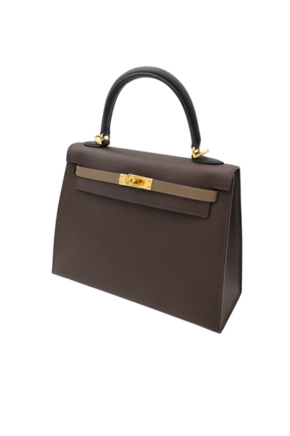Hermes Kelly 25 Tricolor Sellier in Ecorce, Etoupe and Noir Epsom GHW