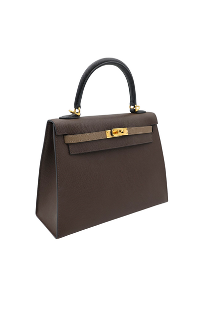 Hermes Kelly 25 Tricolor Sellier in Ecorce, Etoupe and Noir Epsom GHW