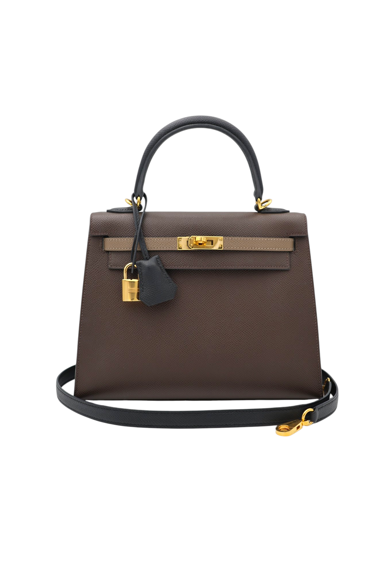 Hermes Kelly 25 Tricolor Sellier in Ecorce, Etoupe and Noir Epsom GHW