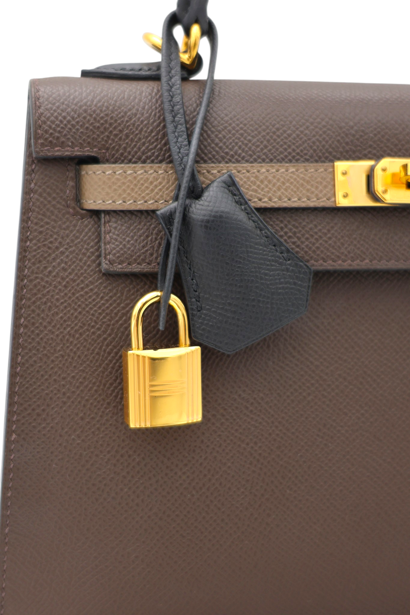 Hermes Kelly 25 Tricolor Sellier in Ecorce, Etoupe and Noir Epsom GHW