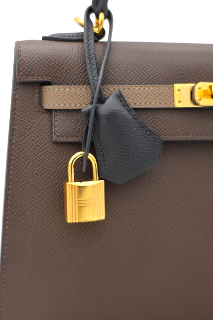 Hermes Kelly 25 Tricolor Sellier in Ecorce, Etoupe and Noir Epsom GHW
