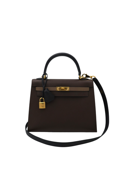 Hermes Kelly 25 Tricolor Sellier in Ecorce, Etoupe and Noir Epsom GHW