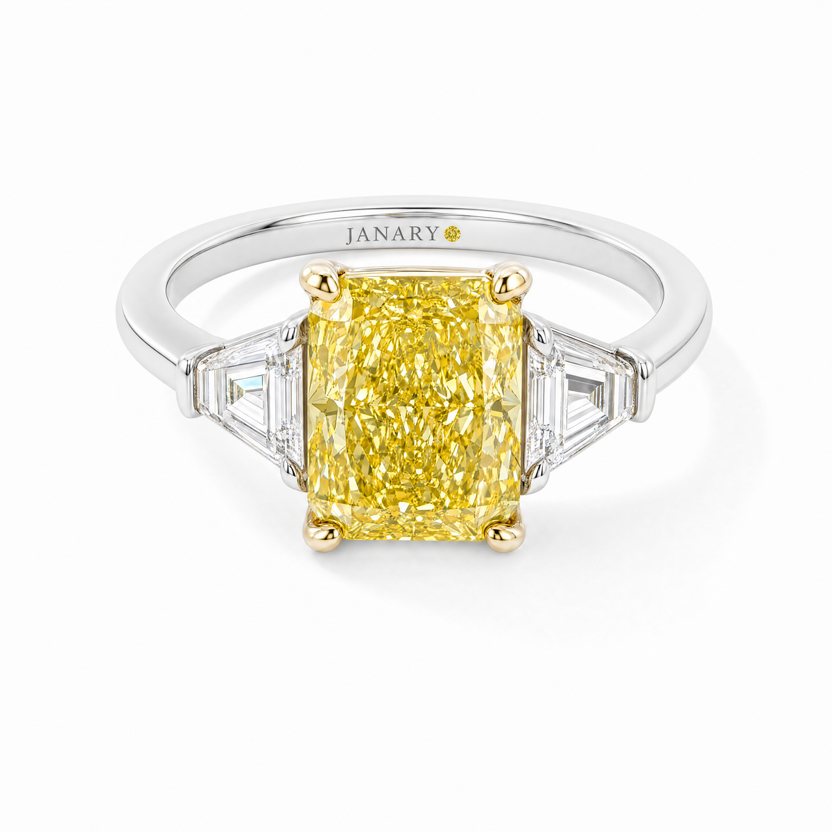 JANARY Radiant 6.12-Carat Fancy Vivid Yellow Lab-Grown Diamond Three-Stone Ring in 18K White Gold